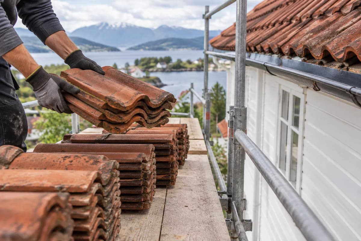Generert illustrasjon av takstein som løftes ned ved takrenovering