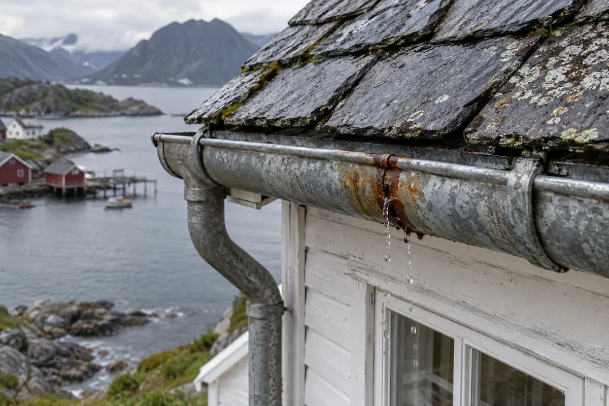 Generert illustrasjon av slitt skifertak og gammel takrenne