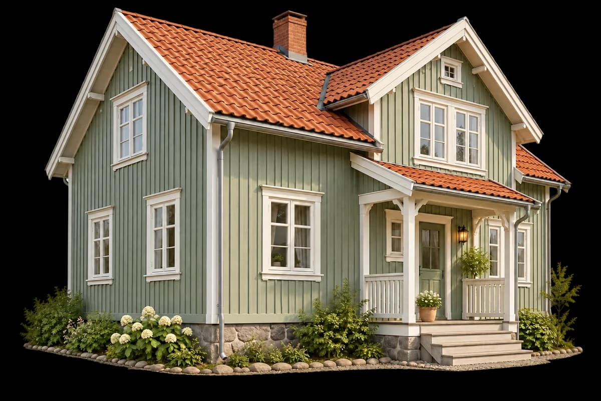 Illustrert hus med tegltakstein