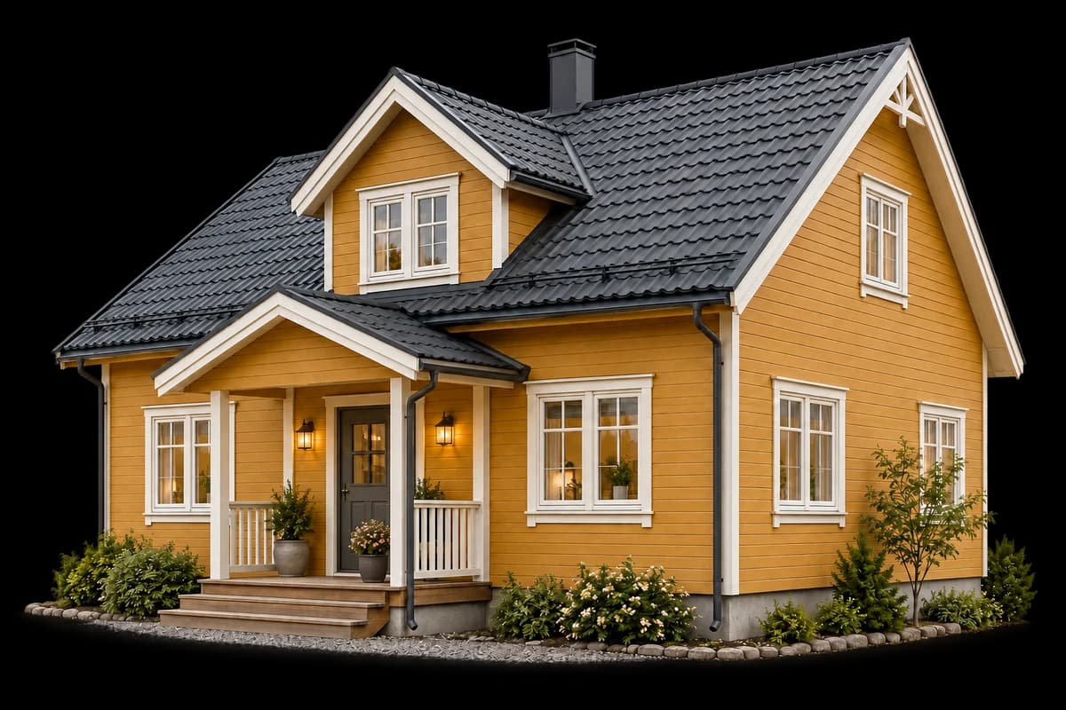 Illustrert hus med metalltakpanner