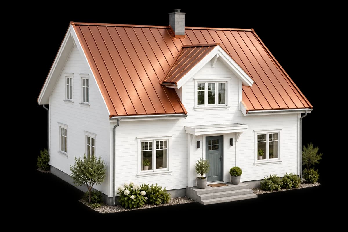 Illustrert hus med båndtekking og falsetak