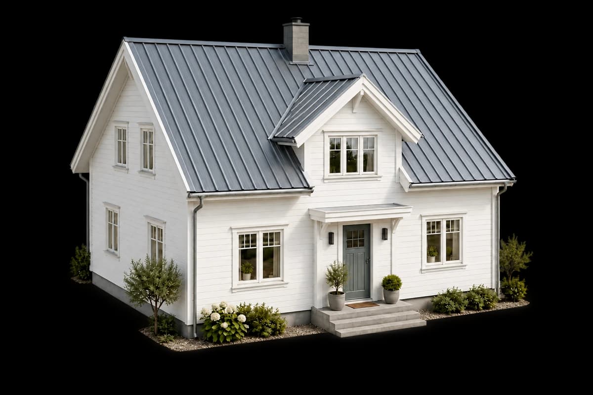 Illustrert hus med profilerte metallplater