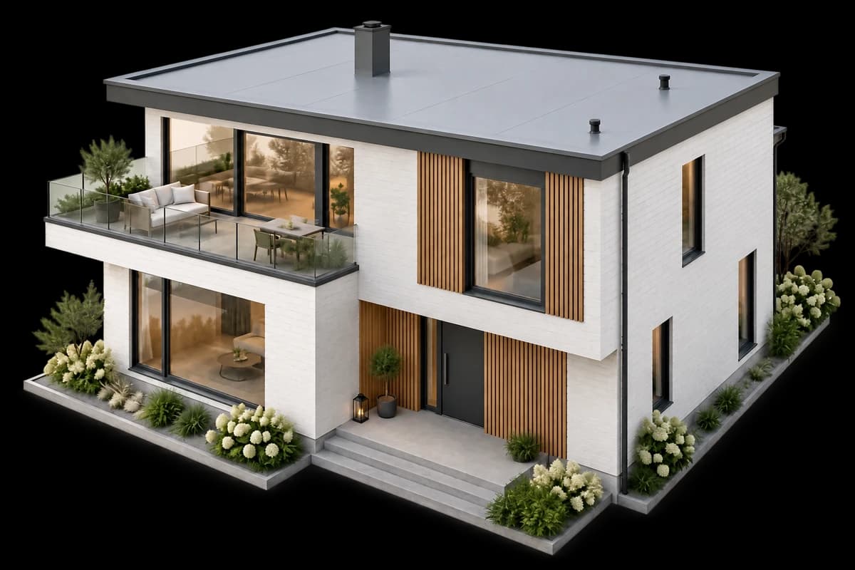 Illustrert hus med pvc og tpo/fpo