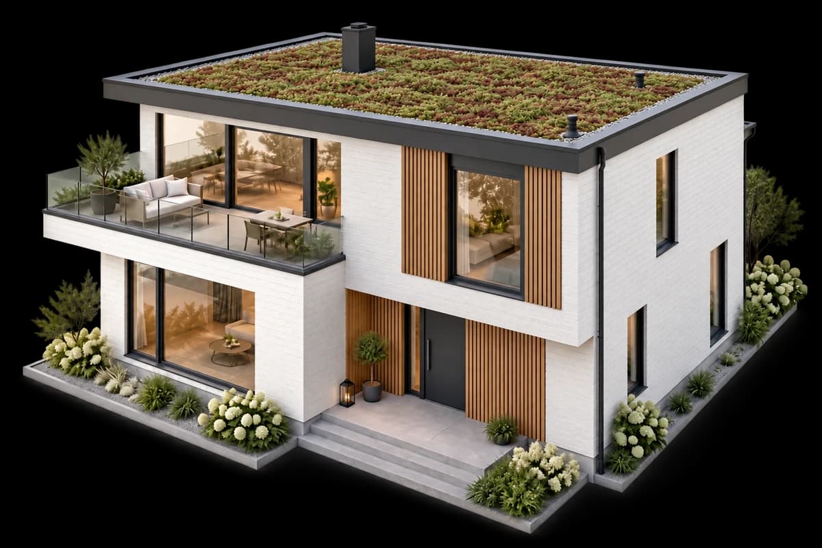 Illustrert hus med sedumtak