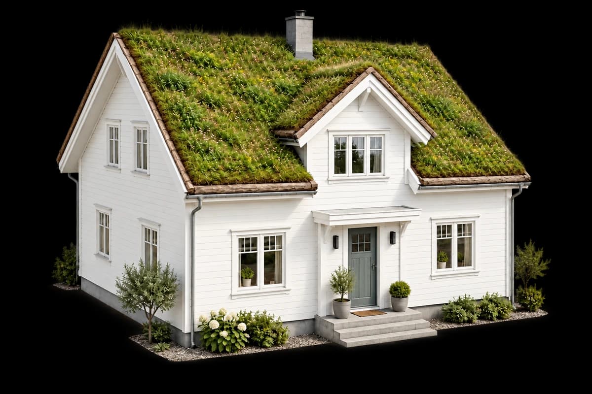 Illustrert hus med torvtak