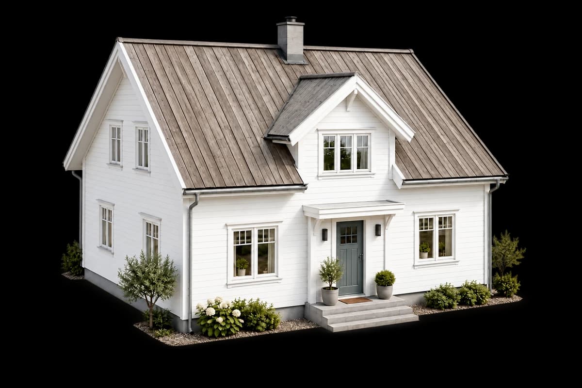 Illustrert hus med tretak