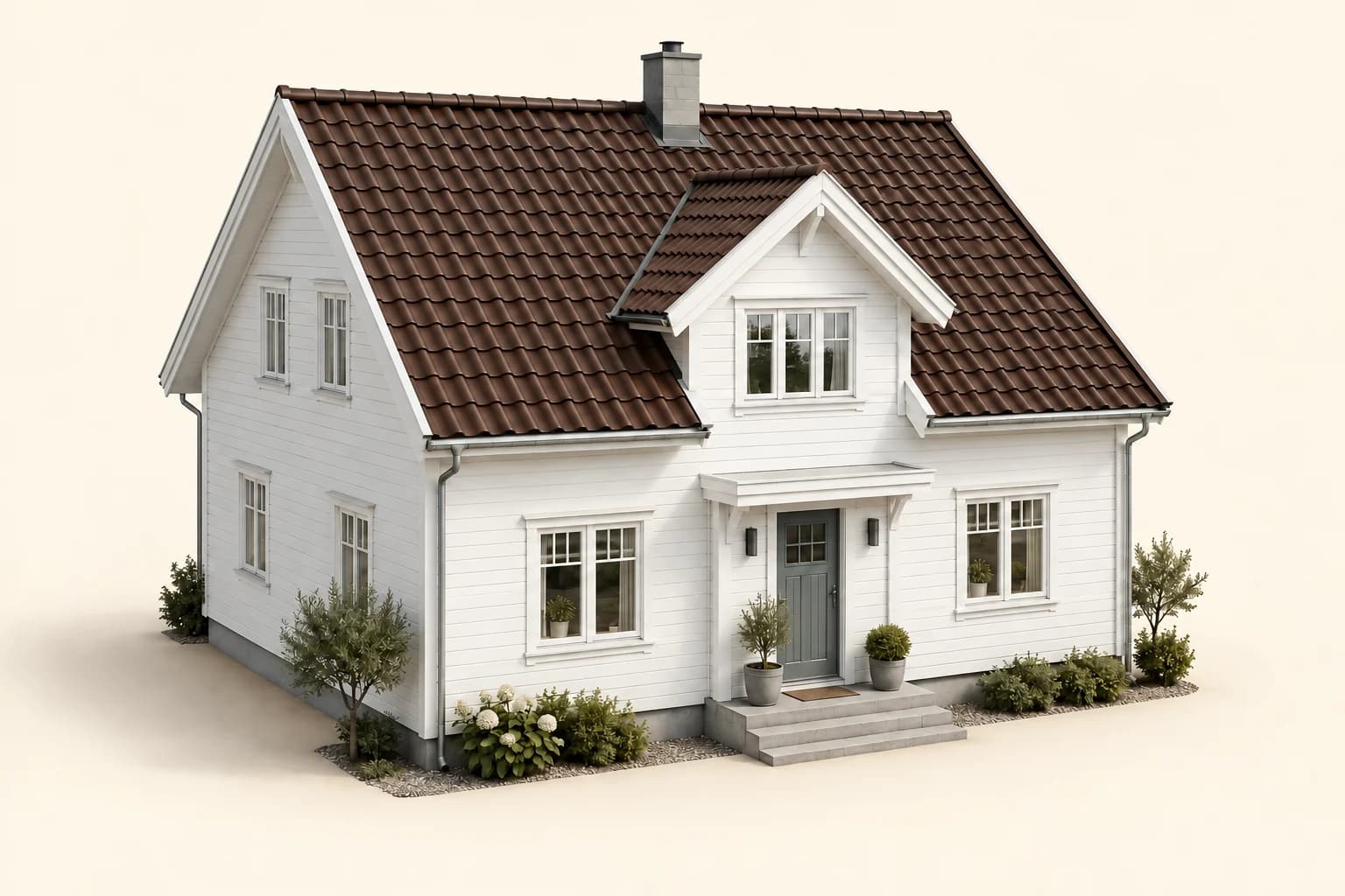 Samme hus illustrert med tegl · brun