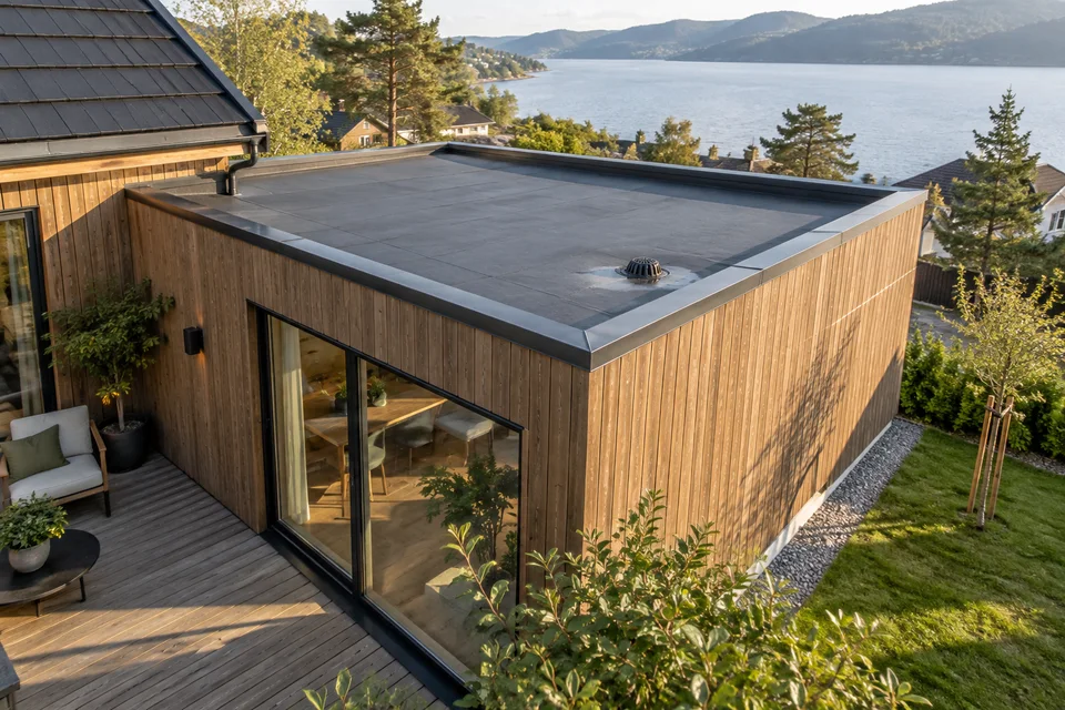 Generert illustrasjon: Flatt tak med belegg og sluk