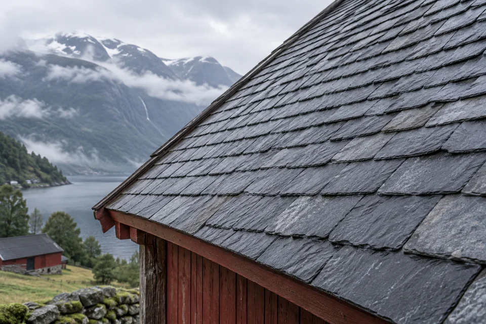 Generert illustrasjon: Tak tekket med naturstein av skifer
