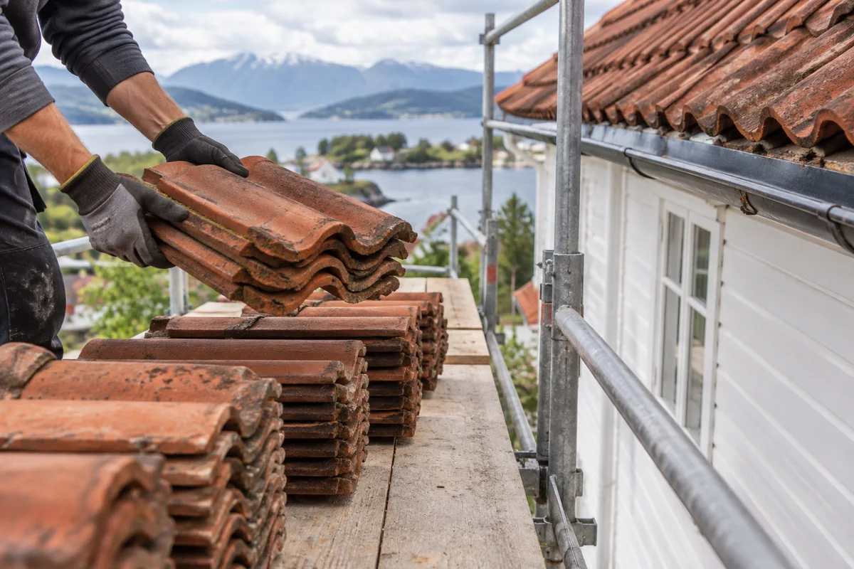 Generert illustrasjon av takstein som løftes ned ved takrenovering