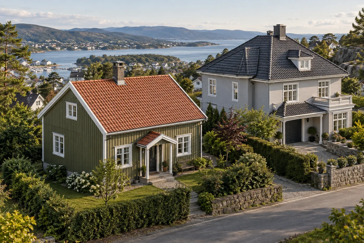 Generert illustrasjon av to hus med forskjellig takform