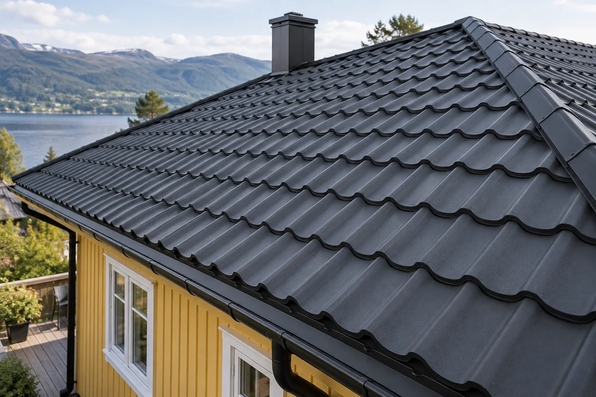 Illustrert hus med metalltekking formet som takpanner