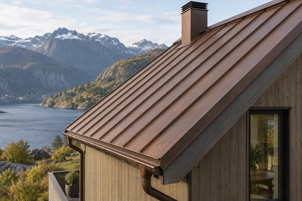 Illustrert tak med stående falser i metall