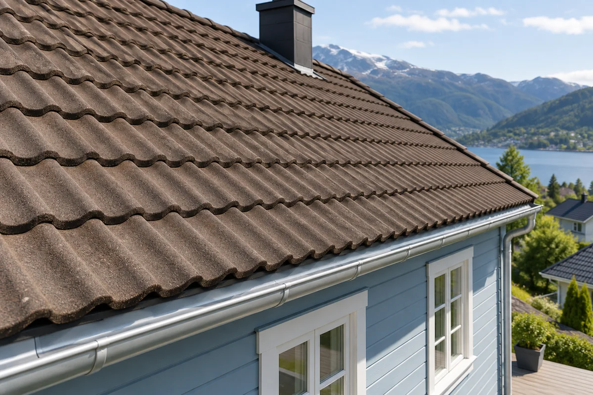 Illustrert tradisjonelt hus med mørk takstein