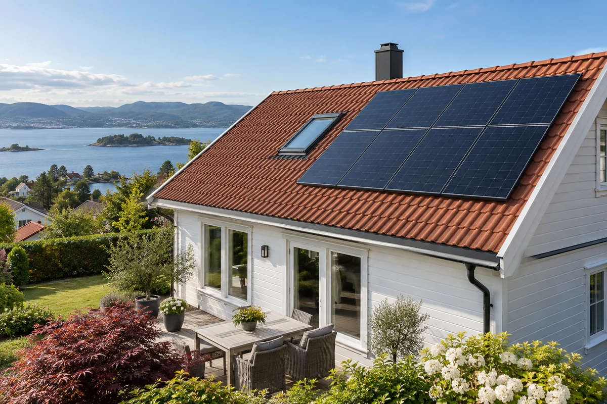 Illustrert tak med solcellepaneler og takvindu som eksempel på oppgradering
