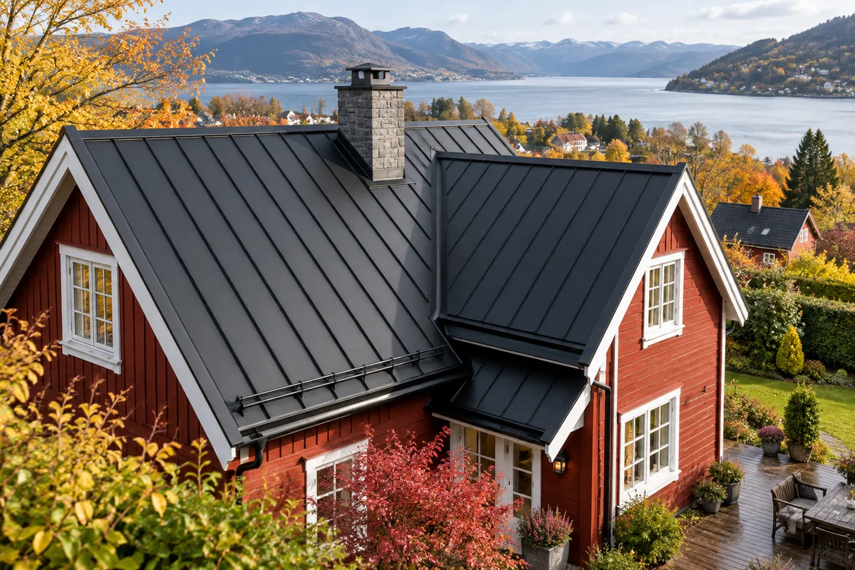 Illustrert tak med flere flater, pipe og ark