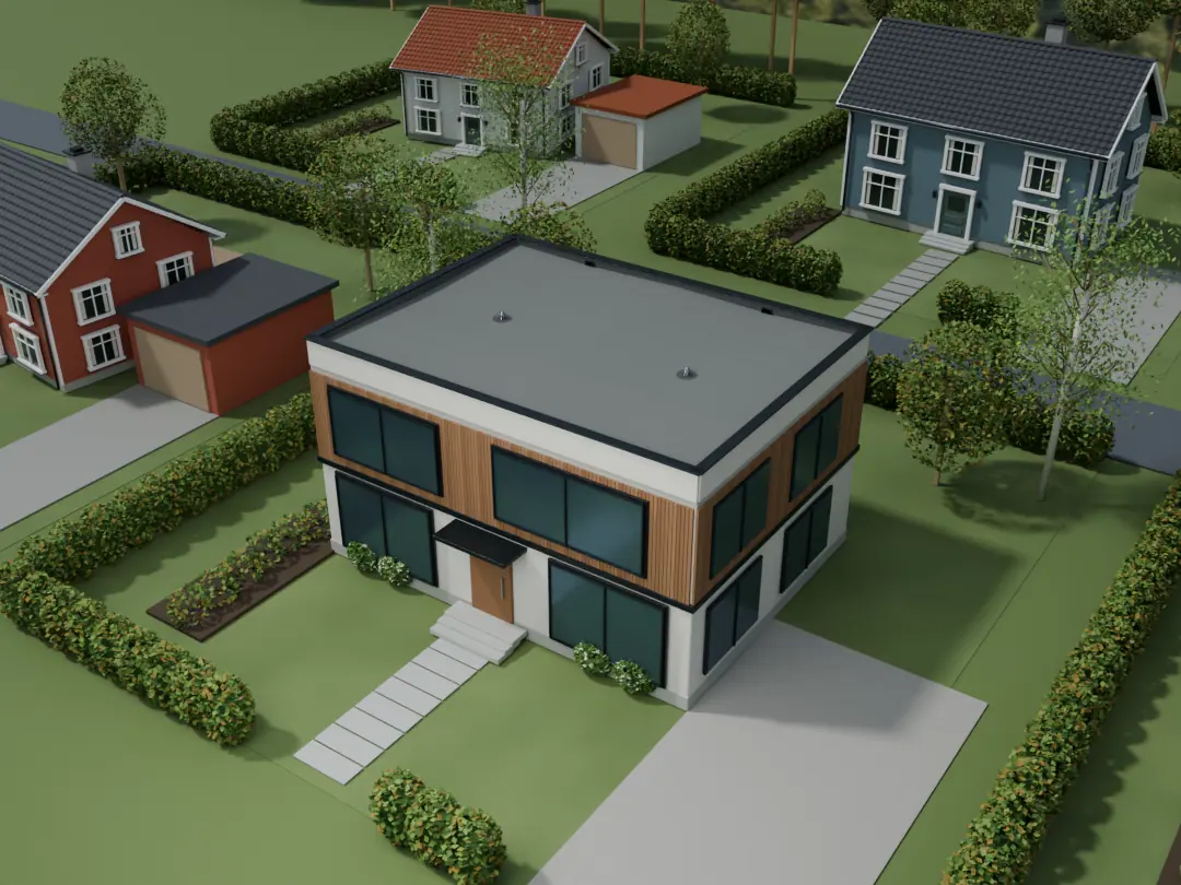 3D-illustrasjon av en moderne enebolig med flatt tak og to taksluk