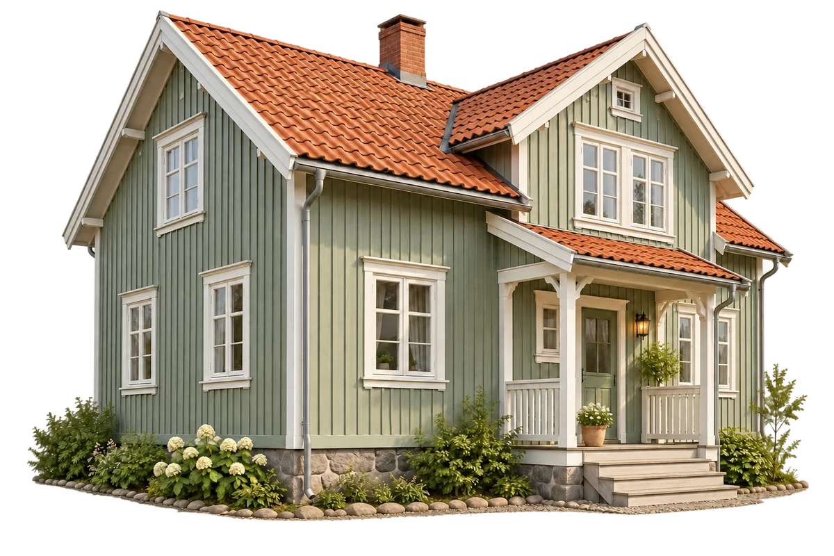 Illustrert hus med tegltakstein
