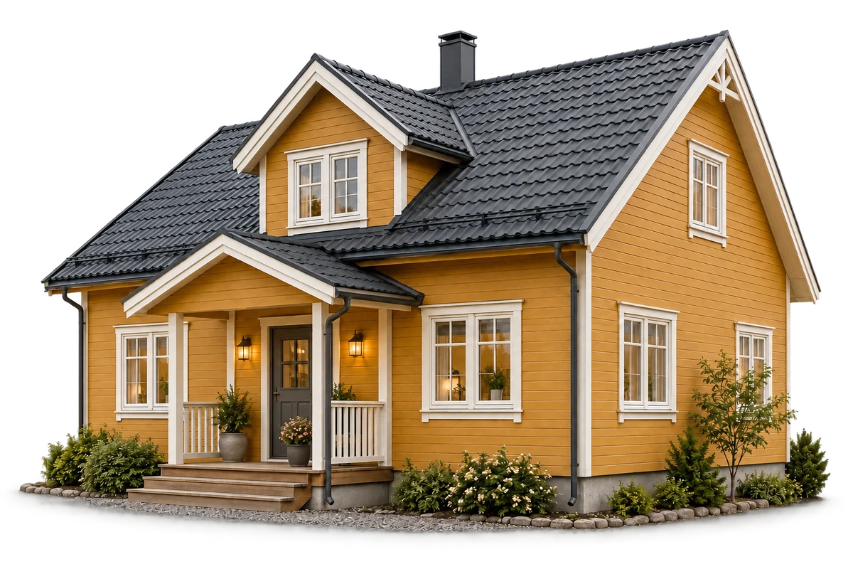 Illustrert hus med metalltakpanner