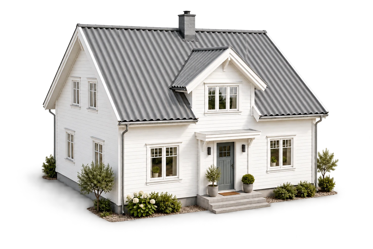 Illustrert hus med fibersement