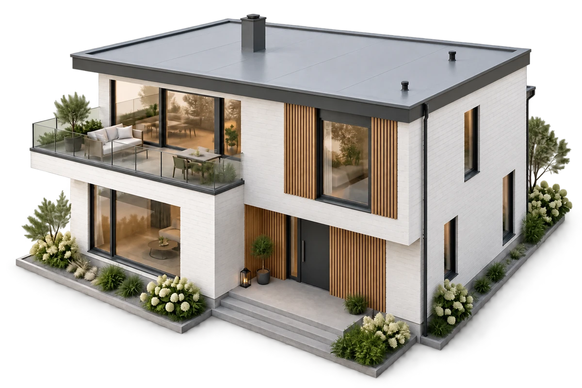 Illustrert hus med pvc og tpo/fpo