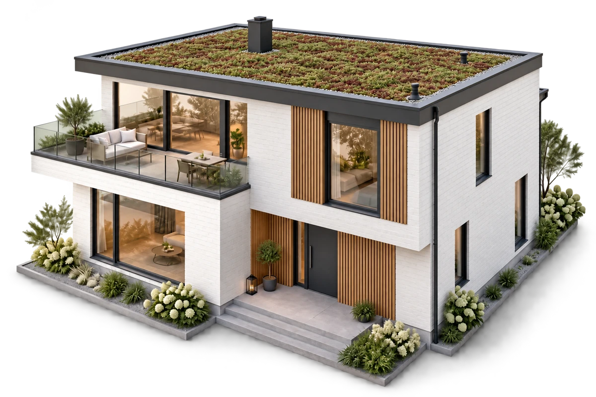 Illustrert hus med sedumtak