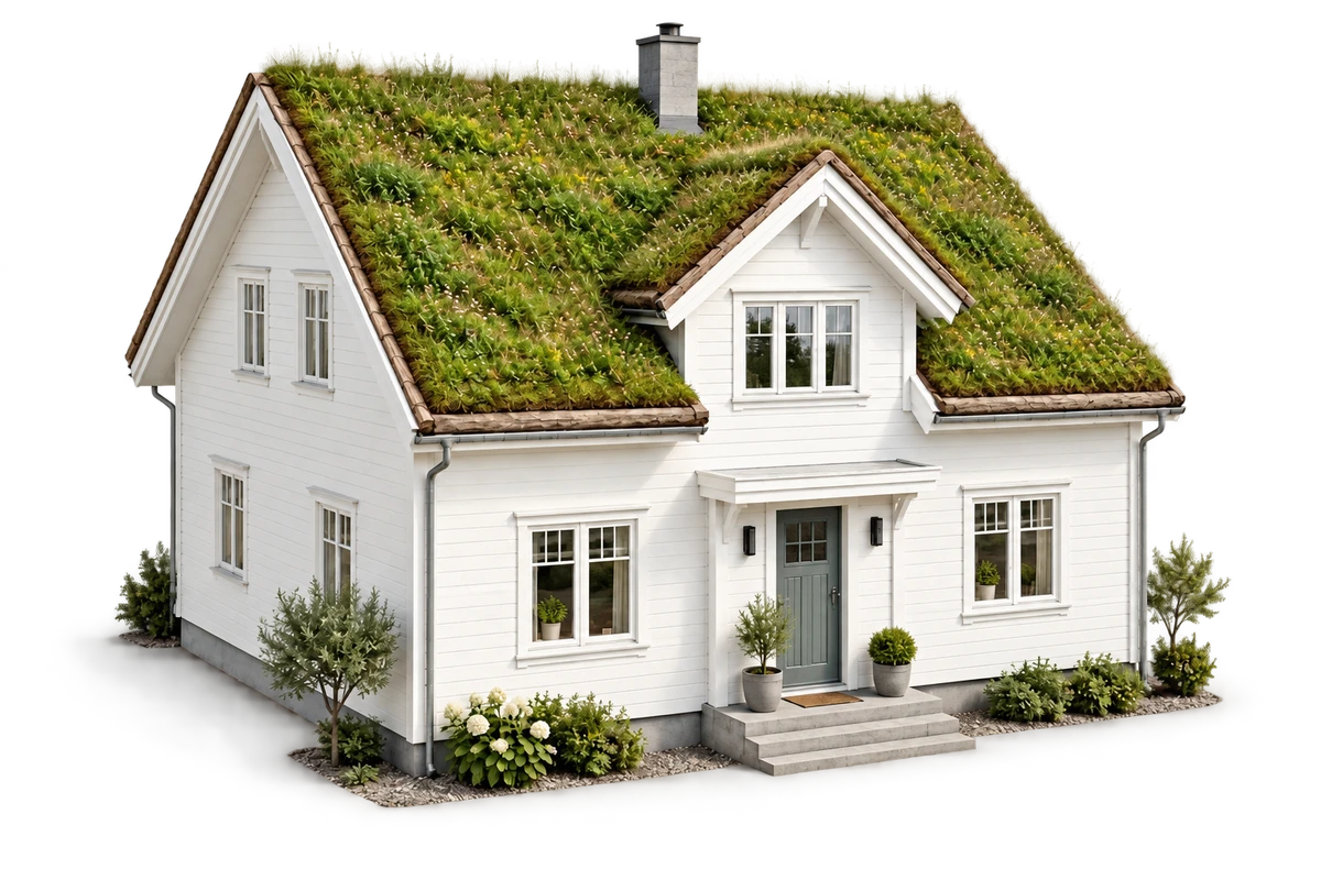 Illustrert hus med torvtak