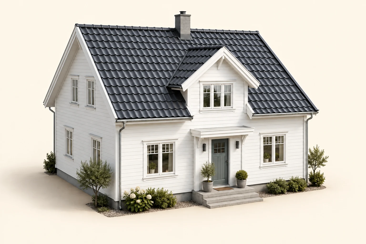 Samme hus illustrert med metalltakpanner