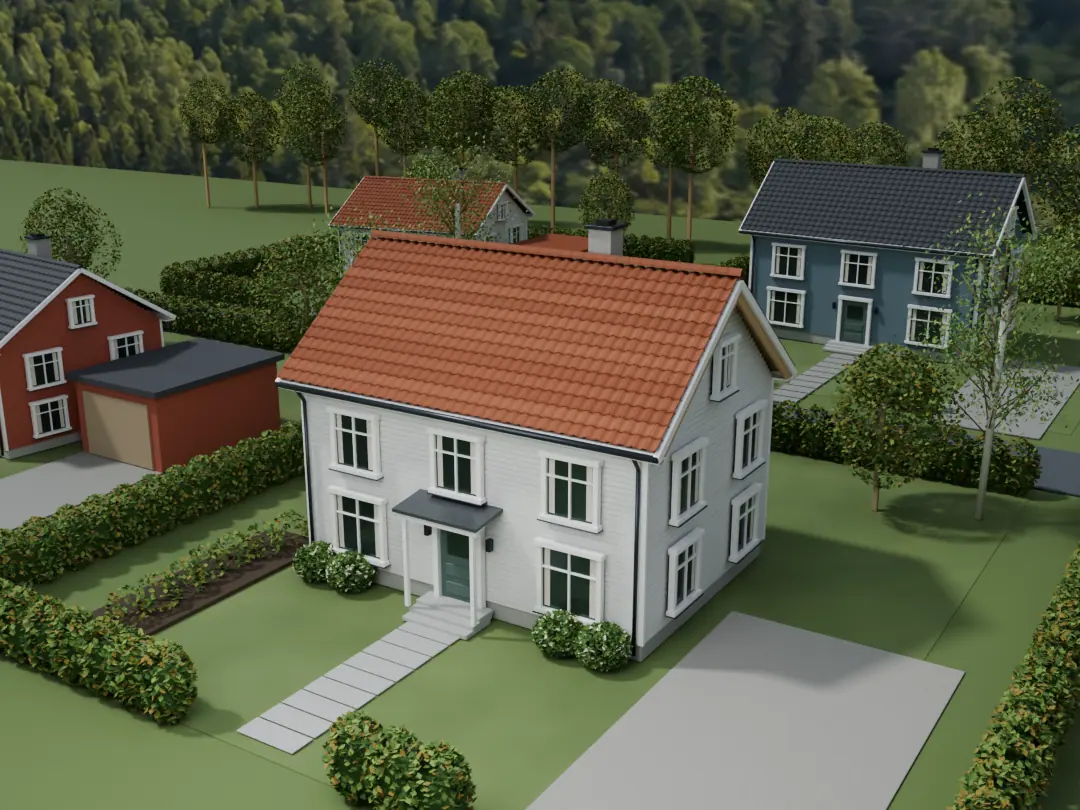 Illustrert norsk hus i et nabolag før takbyttet