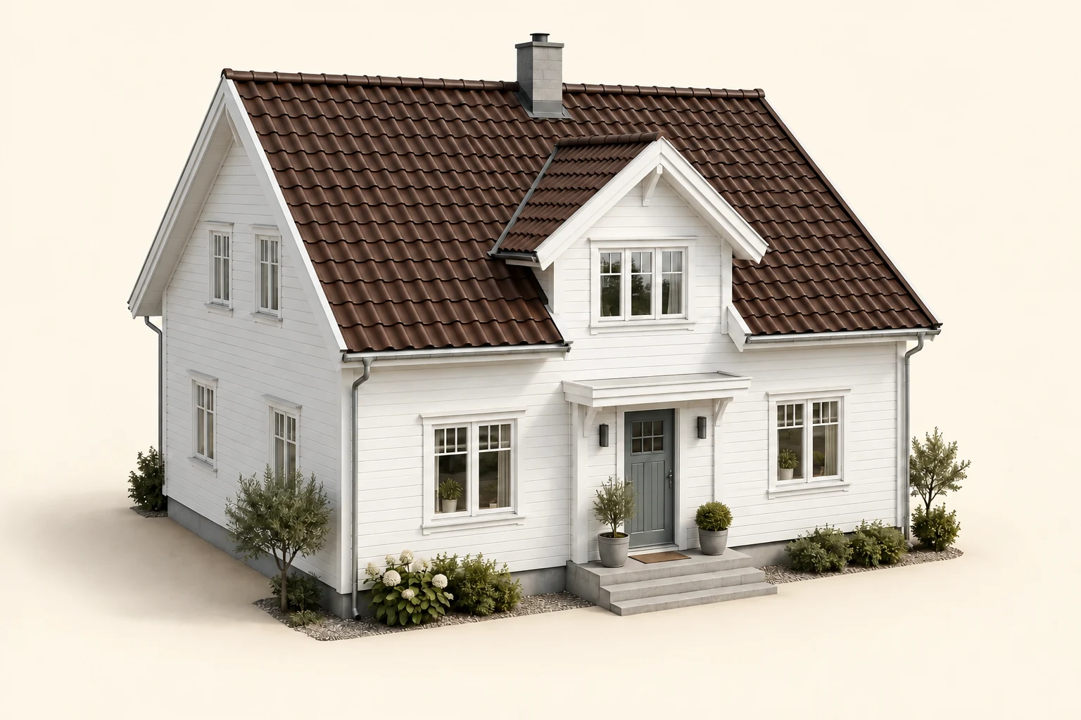 Samme hus illustrert med tegl · brun